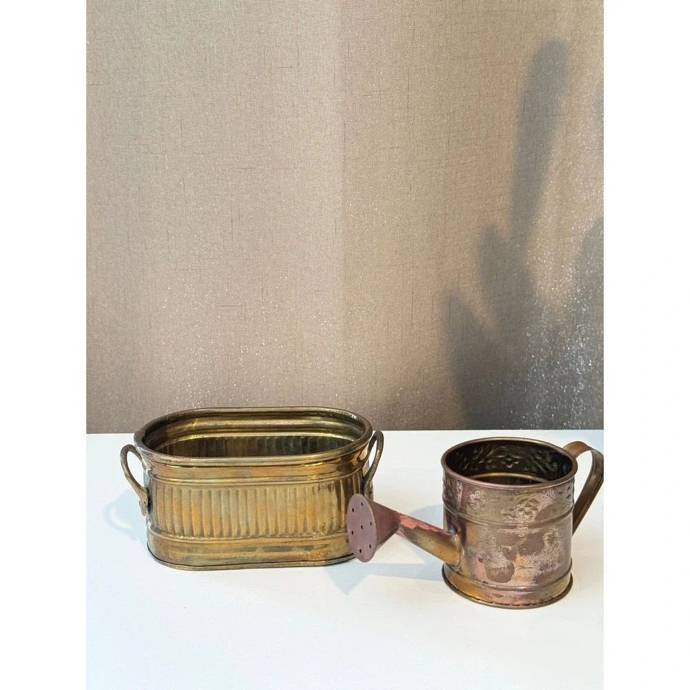 Hosley Solid Brass Decorative Mini Watering Can and Ribbed Oval Planter Set